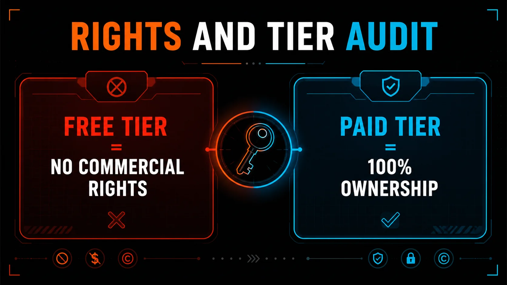 Rights and tier audit comparing free tier no commercial rights versus paid tier full ownership