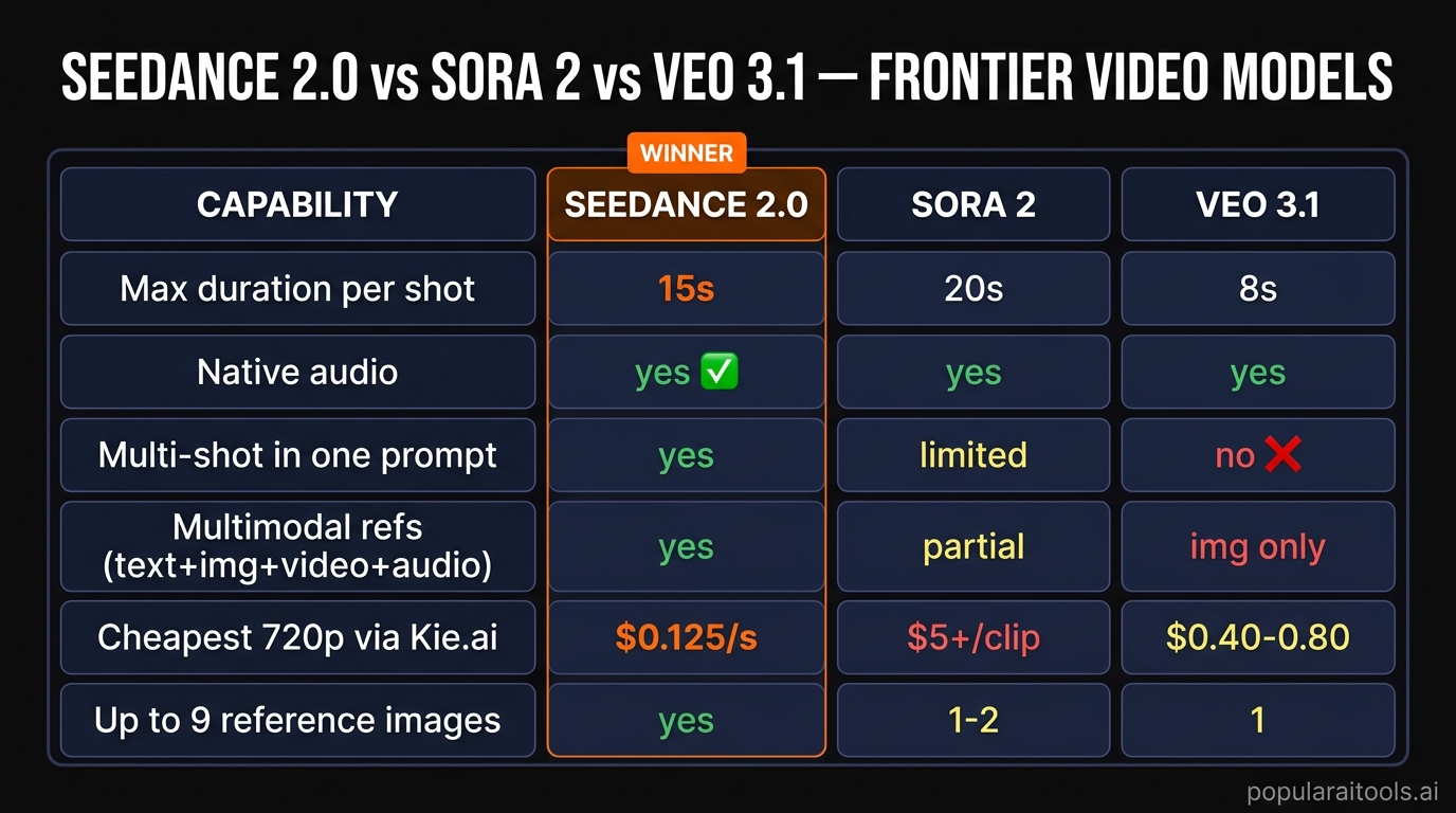Seedance 2.0 vs Sora 2 vs Veo 3.1 — duration, audio, multi-shot, multimodal, pricing comparison