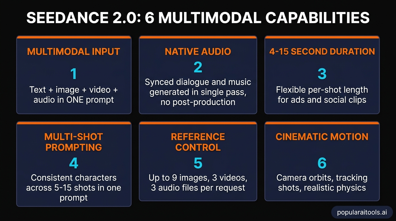 Six Seedance 2.0 capabilities — multimodal input, native audio, 15s duration, multi-shot, reference control, cinematic motion
