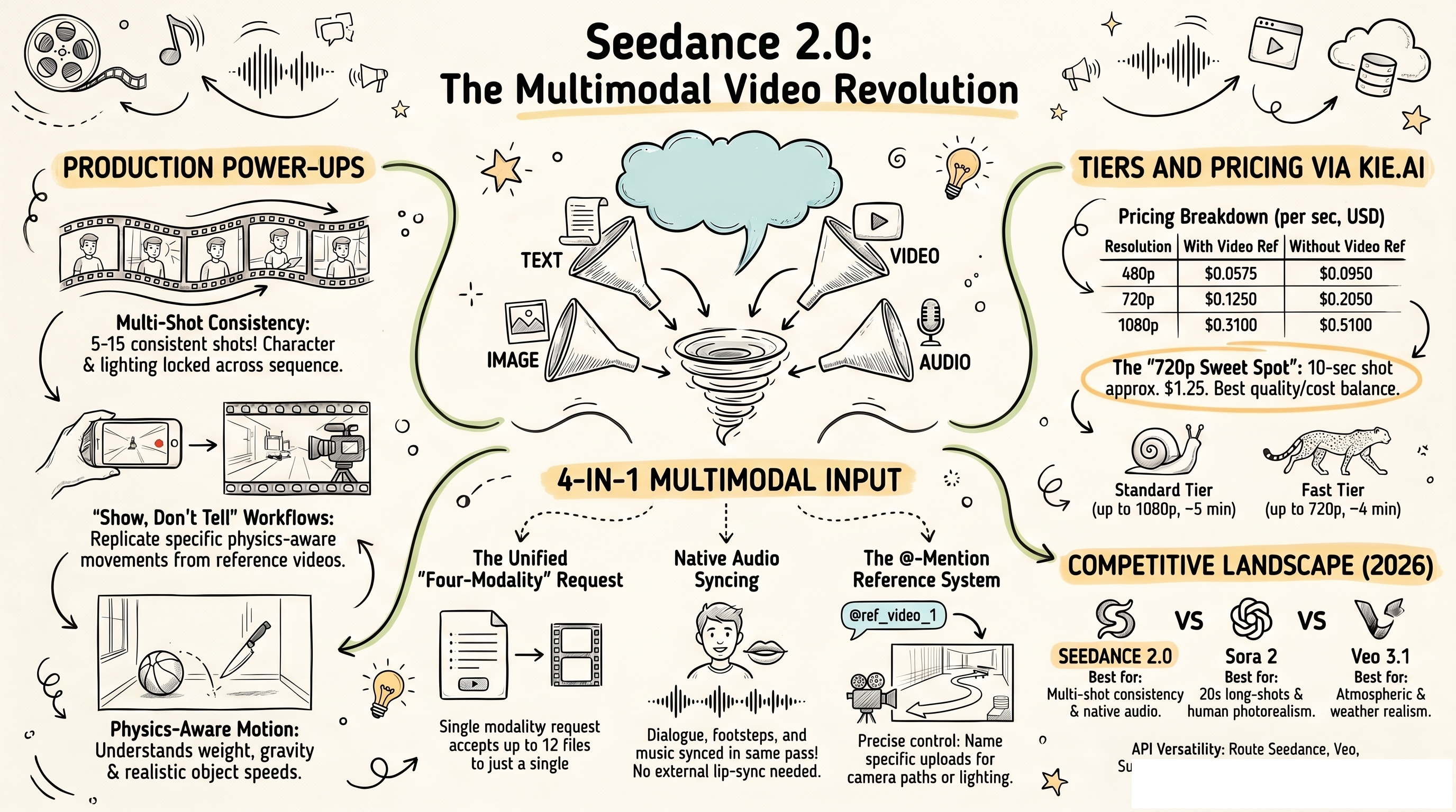 Visual overview of Seedance 2.0 capabilities — multimodal inputs, native audio, multi-shot prompting