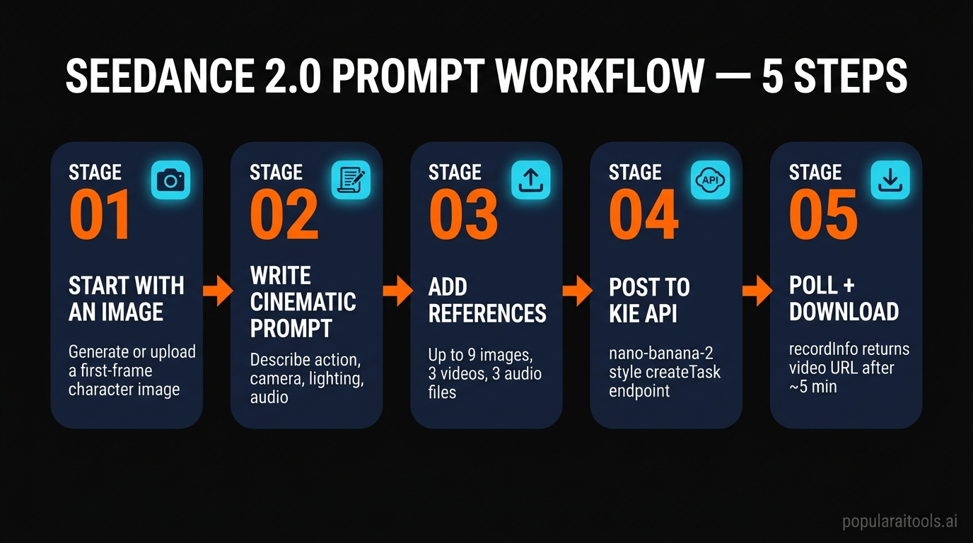 Five-step Seedance 2.0 prompt workflow — image first, cinematic prompt, add references, POST to Kie, poll and download