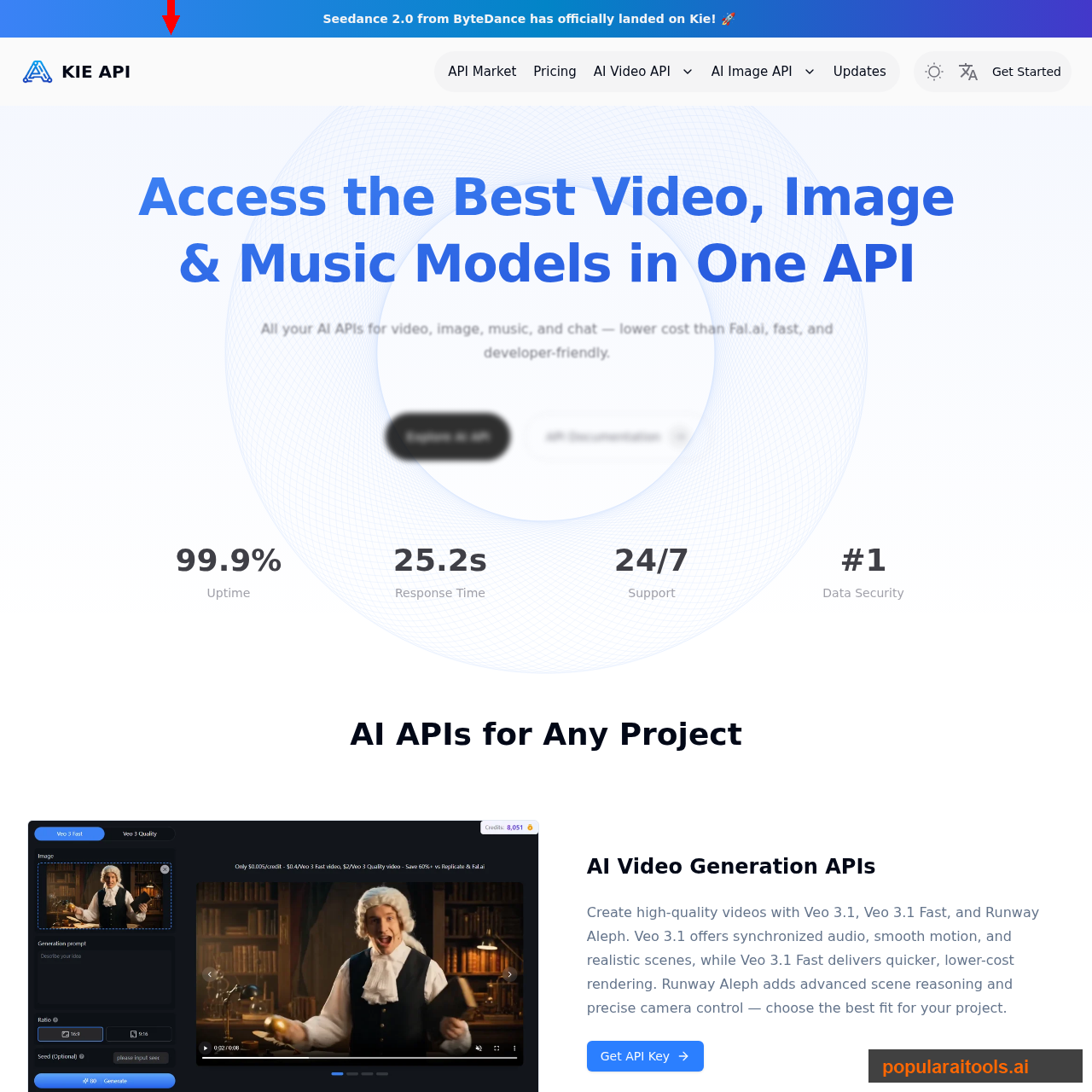 Kie.ai homepage listing frontier AI APIs including Veo, Suno, Midjourney, Seedance, Flux, Nano Banana Pro