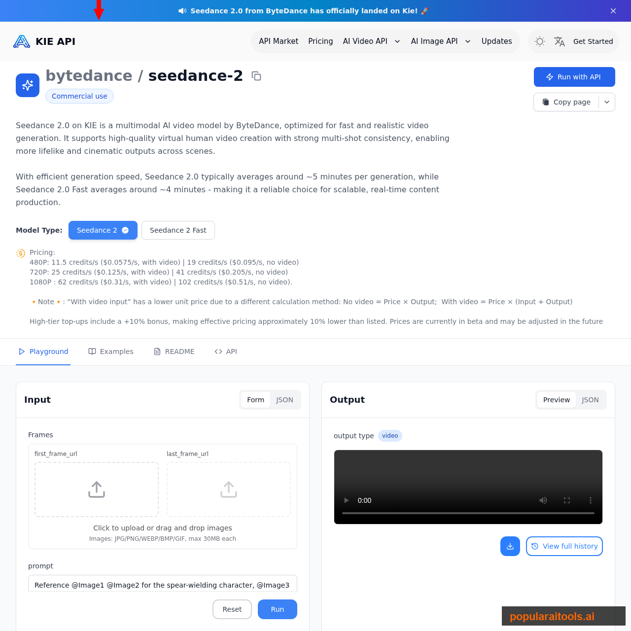 Kie.ai Seedance 2.0 API page showing pricing tiers, model variants, and input parameters