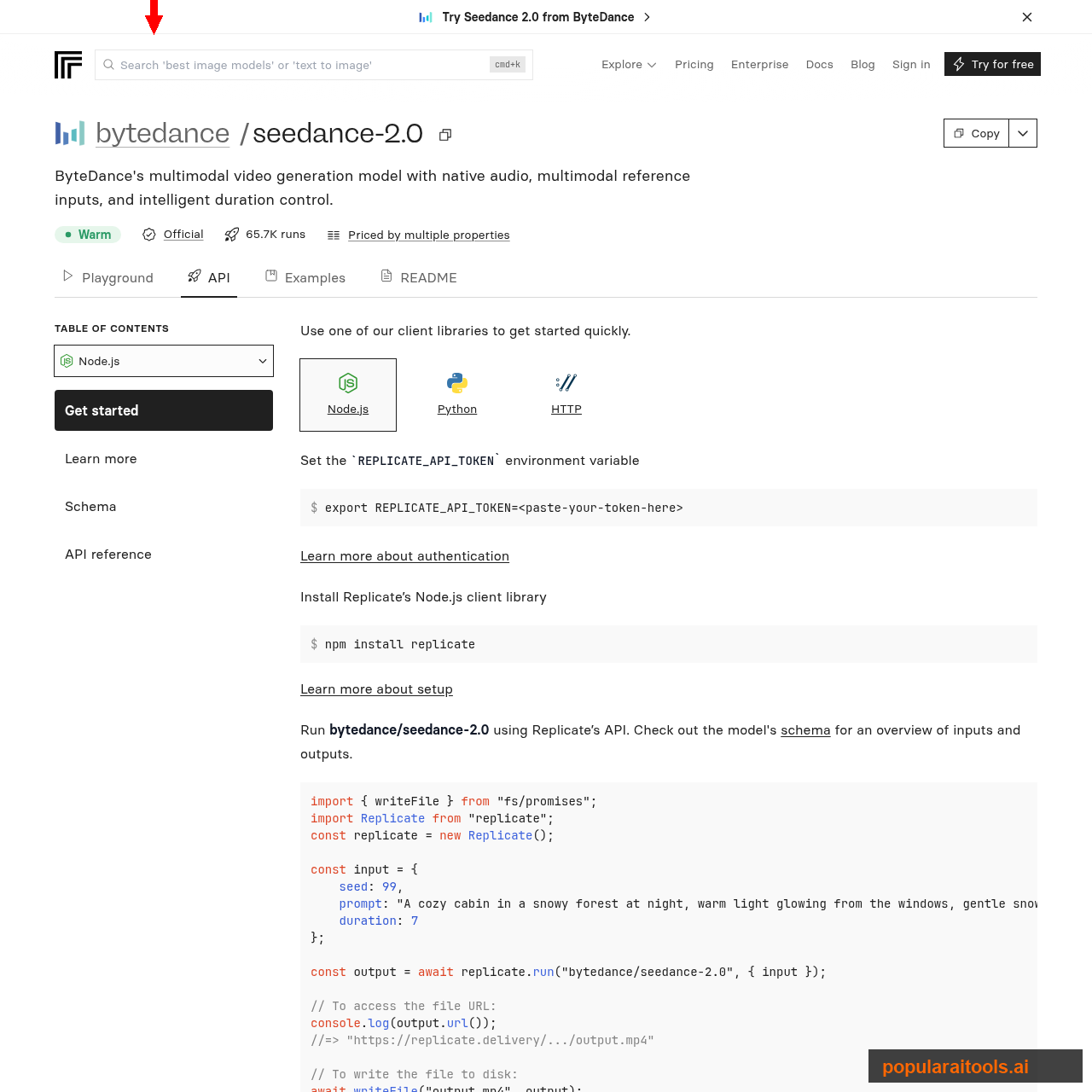 Replicate's Seedance 2.0 API documentation tab