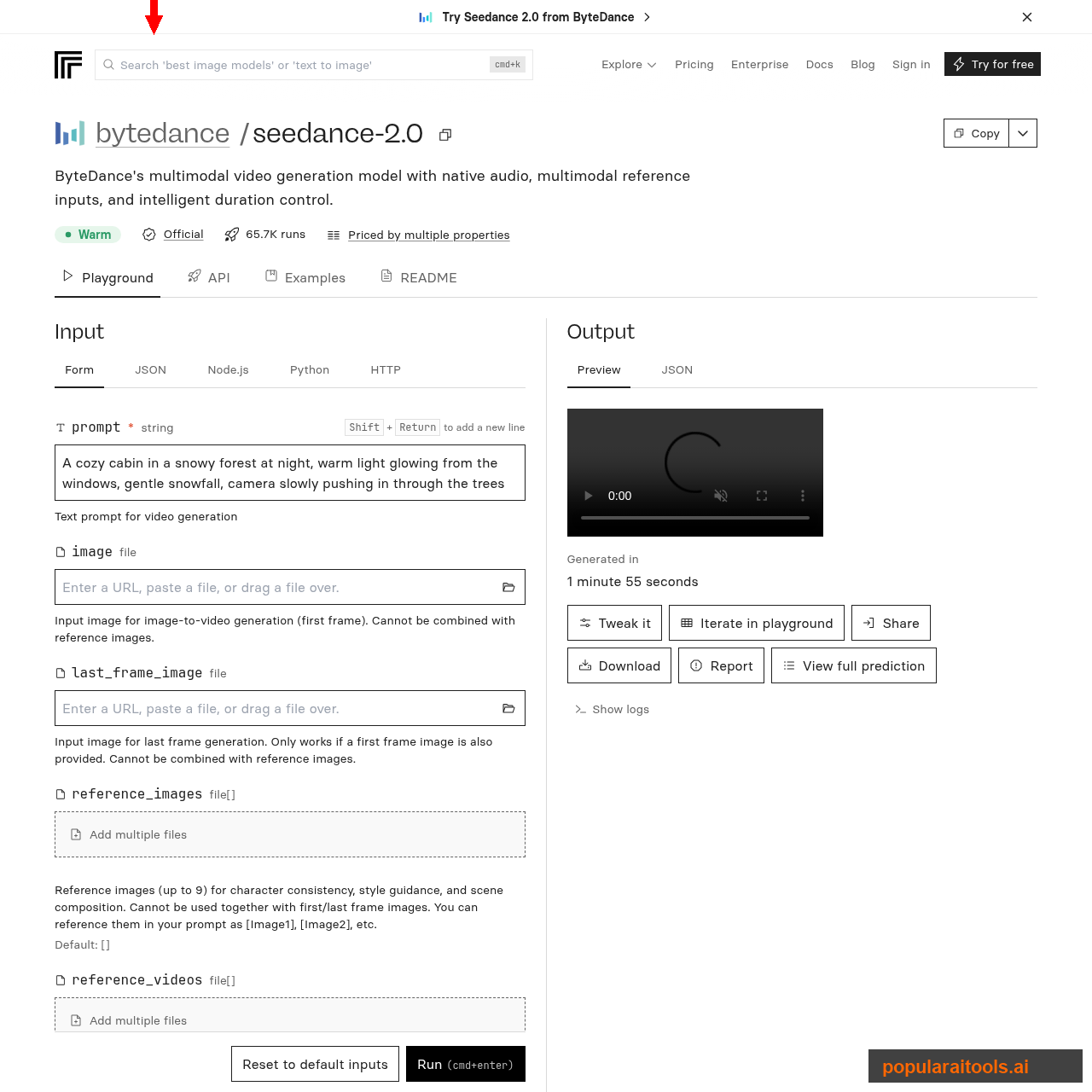 Replicate's Seedance 2.0 model page — another provider for the same ByteDance model