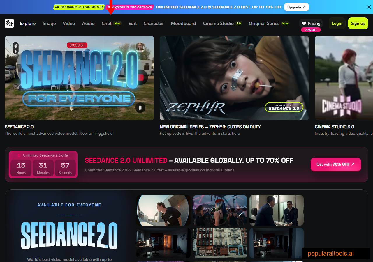 Higgsfield AI homepage for image and video generation