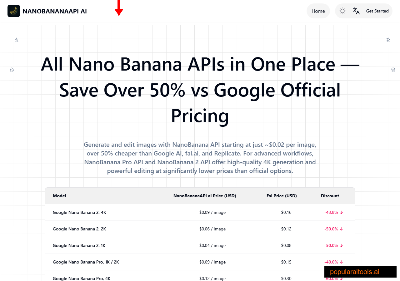 Nano Banana API homepage for AI image generation