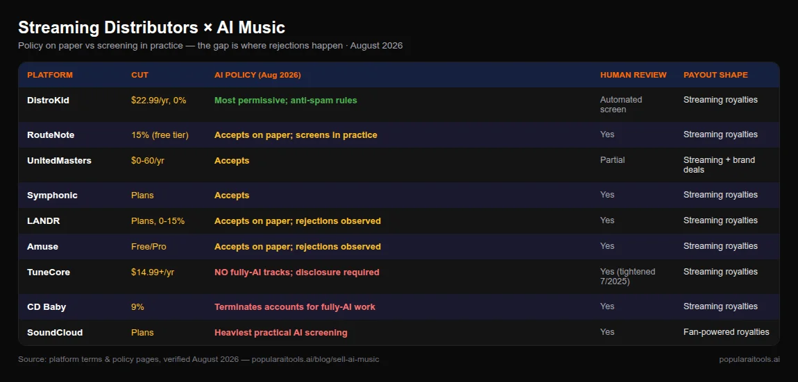 Comparison matrix of streaming distributors and AI music policies August 2026: DistroKid most permissive, TuneCore rejects fully AI tracks, CD Baby terminates accounts, RouteNote LANDR Amuse screen in practice