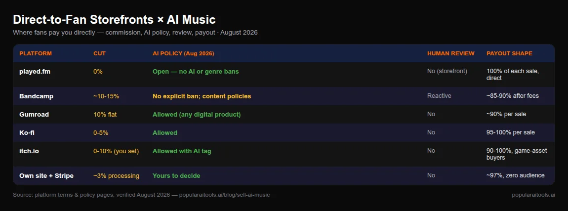 Comparison matrix of direct-to-fan storefronts for AI music in August 2026: played.fm 0% commission open AI policy, Bandcamp 10-15%, Gumroad 10%, Ko-fi, itch.io, own site