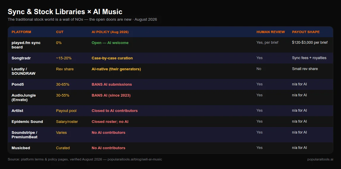Comparison matrix of sync and stock music libraries August 2026: played.fm sync board open to AI with $120-$3000 briefs, Songtradr case by case, Pond5 AudioJungle Artlist Epidemic Sound all ban AI submissions