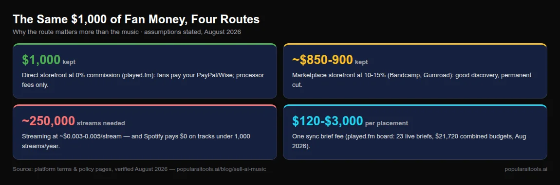 What $1,000 of fan money returns by route: $1,000 kept on a 0% storefront, $850-900 on marketplaces, 250,000 streams needed on Spotify, $120-$3,000 per sync placement