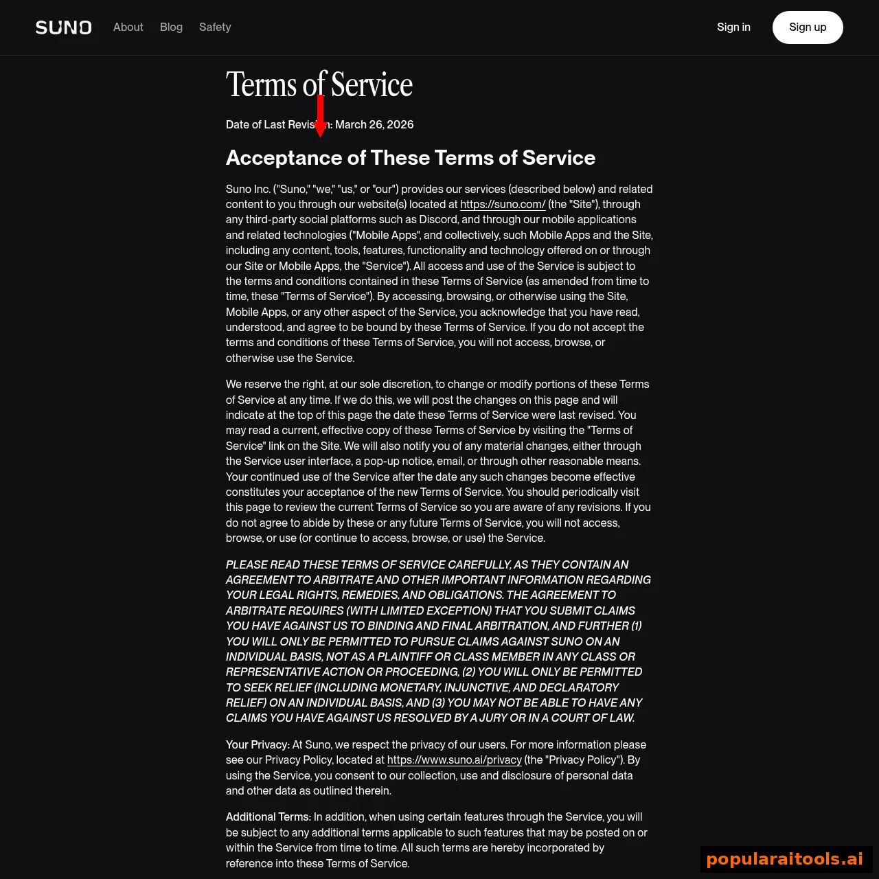 Suno Terms of Service page dated March 26 2026, the document that governs whether you can sell Suno music