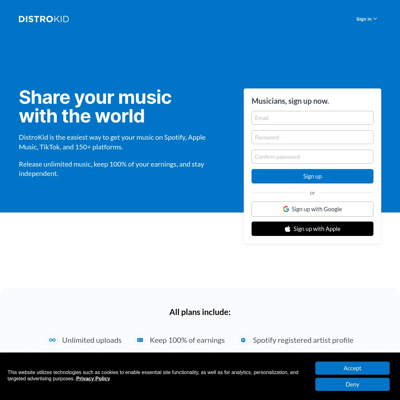 DistroKid homepage — unlimited music distribution to Spotify, Apple Music, and 150+ platforms for $23/year