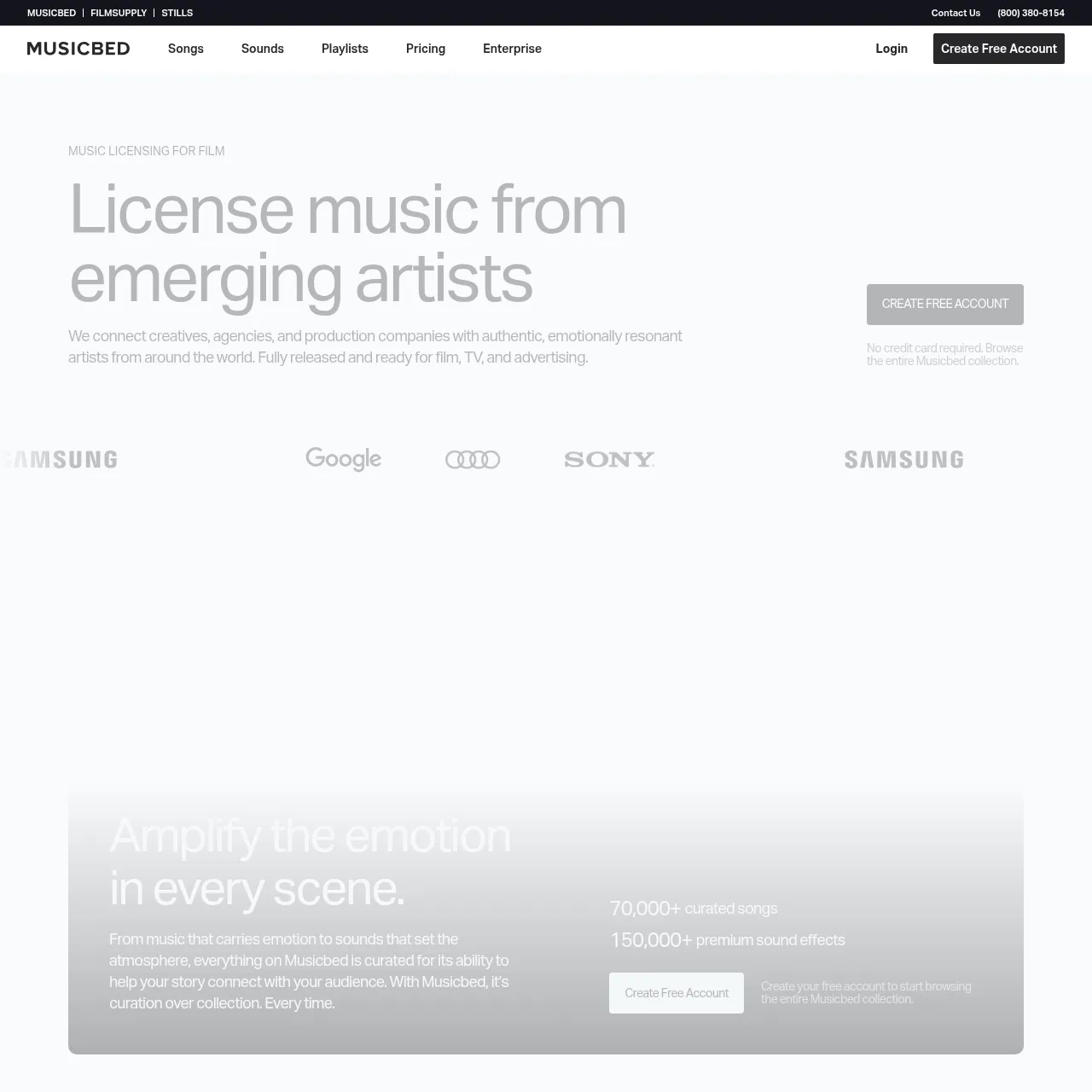 Musicbed homepage — premium sync licensing marketplace for film, TV, and ad music