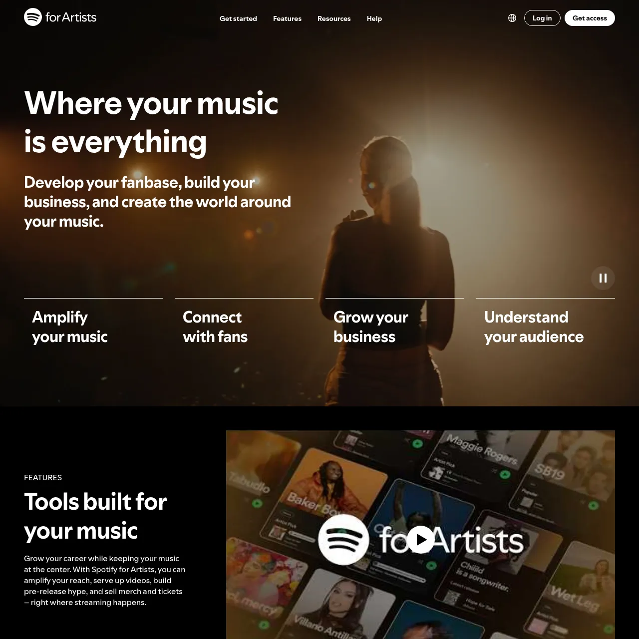 Spotify for Artists homepage — claim your artist profile, customise your label page, see streaming analytics