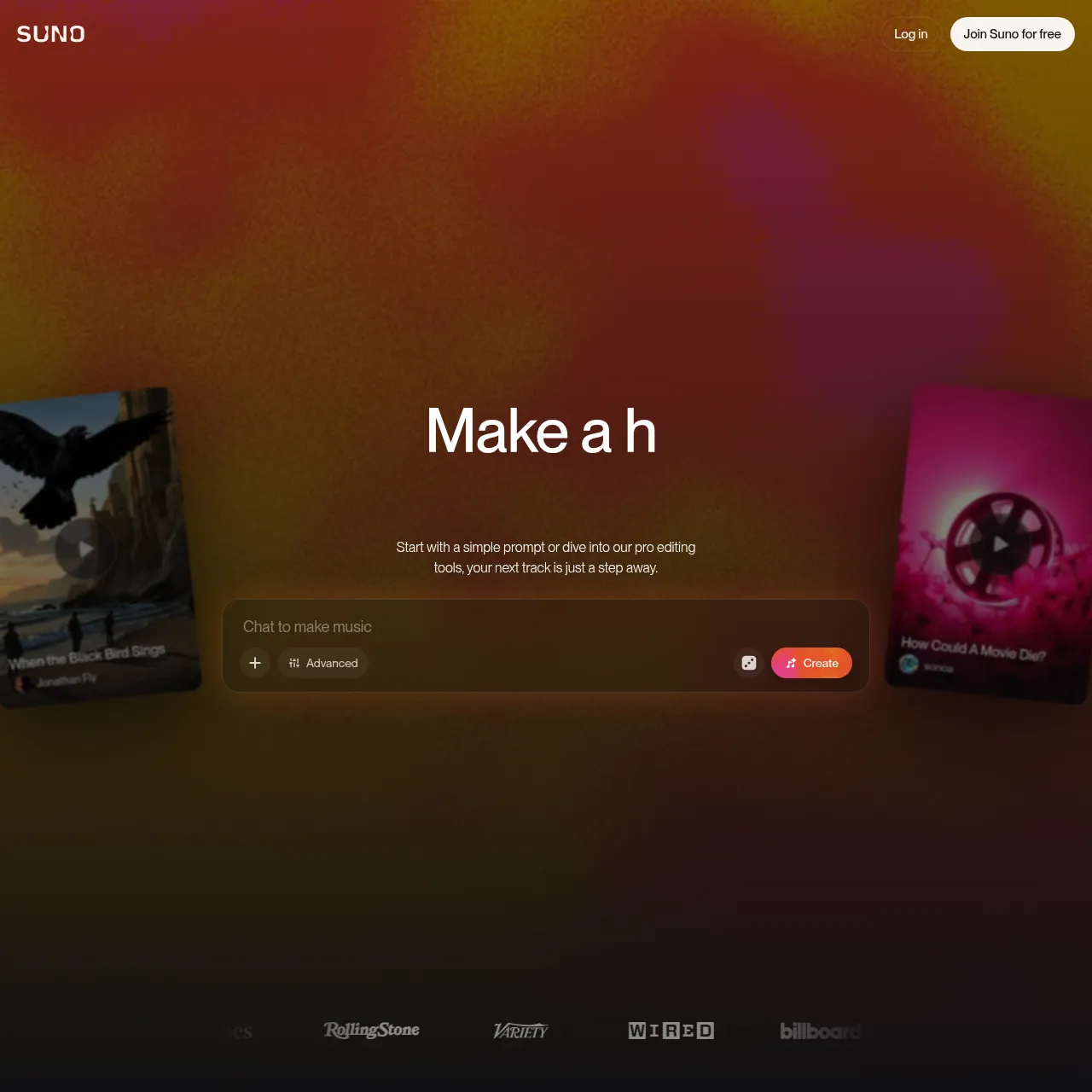 Suno.com homepage — the leading AI music generation platform in 2026