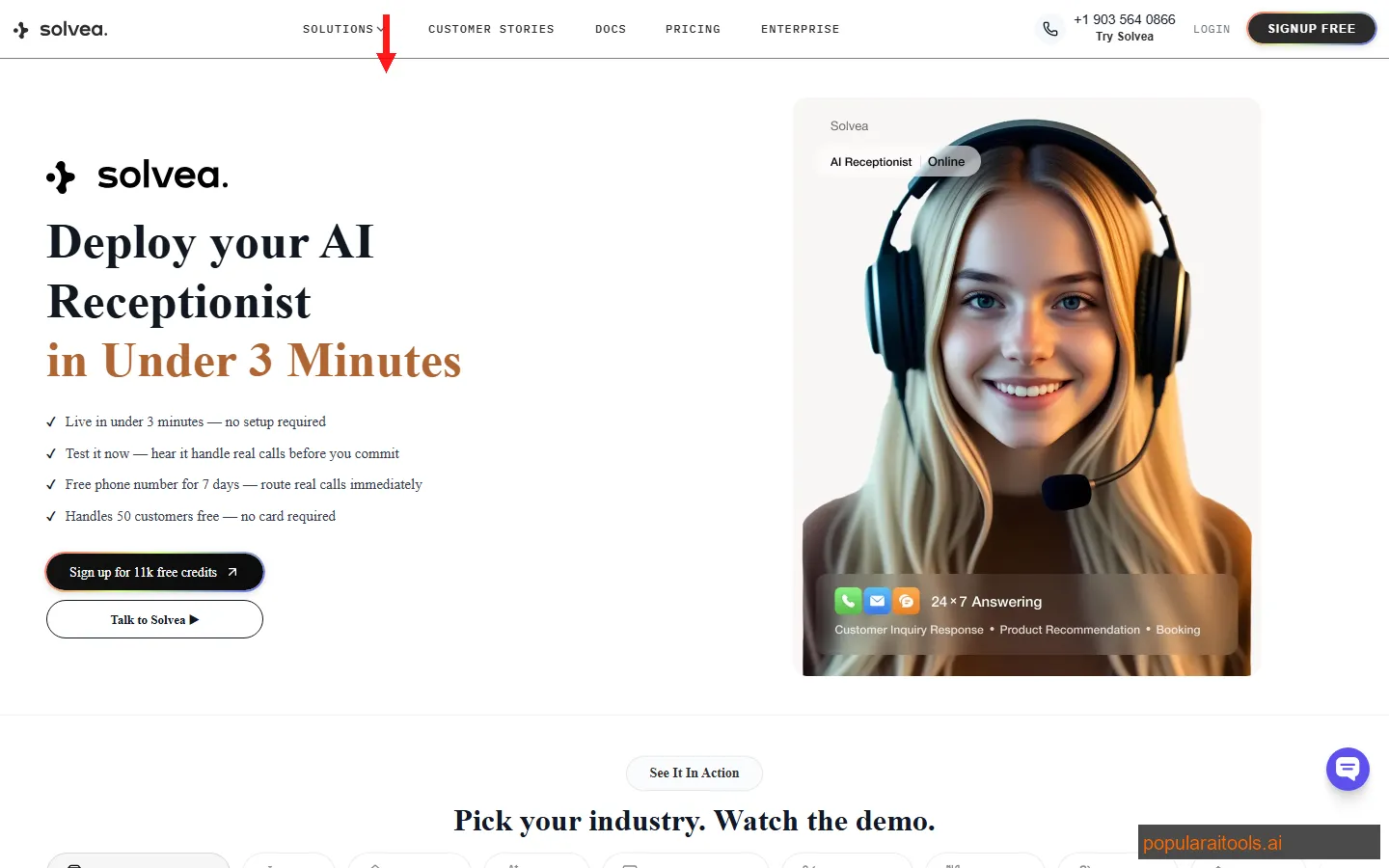 Solvea AI homepage showing no-code AI receptionist platform for small businesses