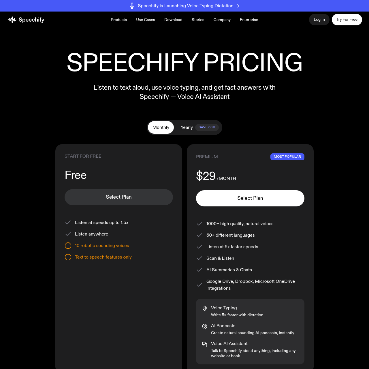 Speechify Reader pricing page showing Free, Premium $139 per year ($11.58/mo equivalent), and Audiobooks $14.99/month tiers