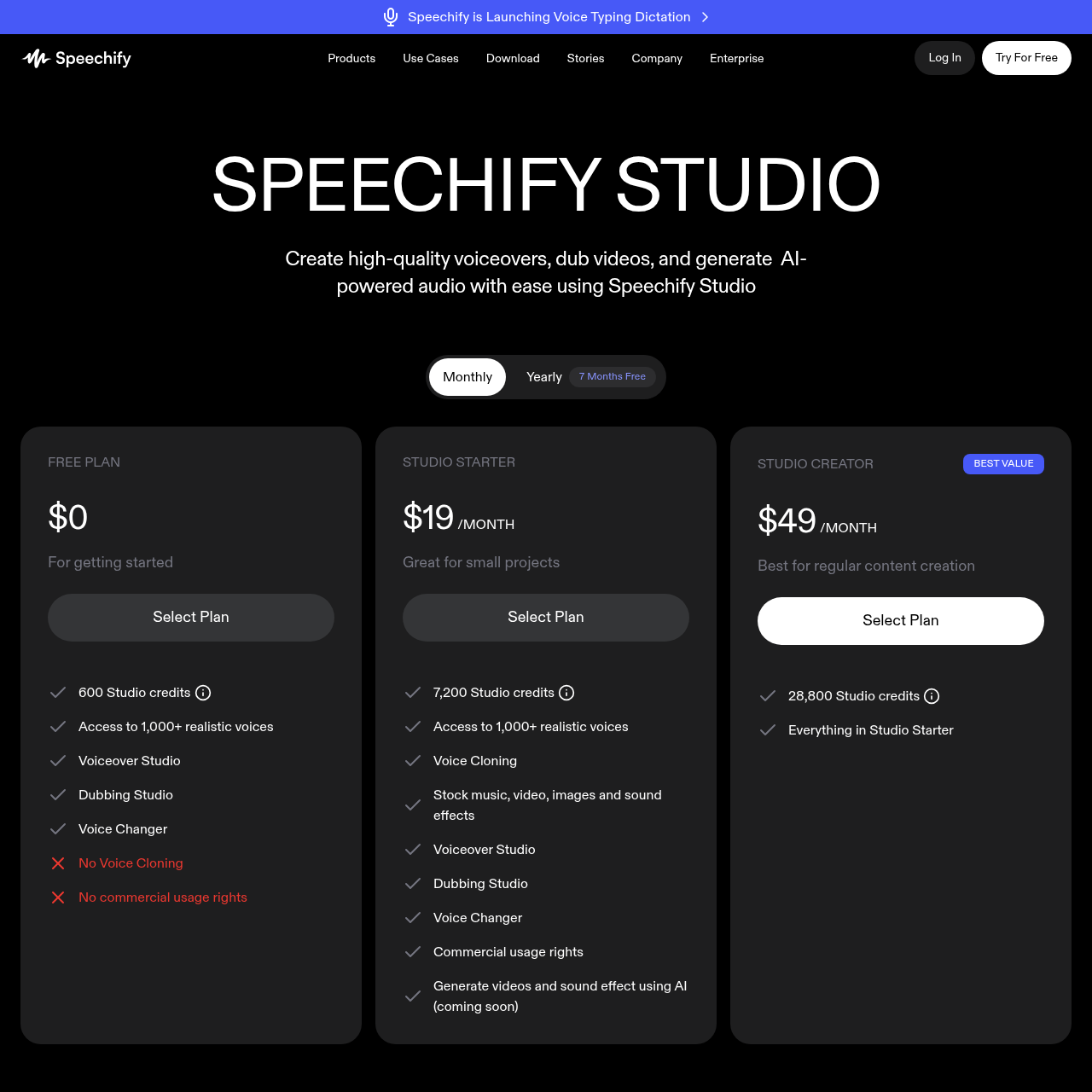 Speechify Studio pricing page showing Free, Starter $19/mo, Creator $49/mo, and Enterprise custom tiers