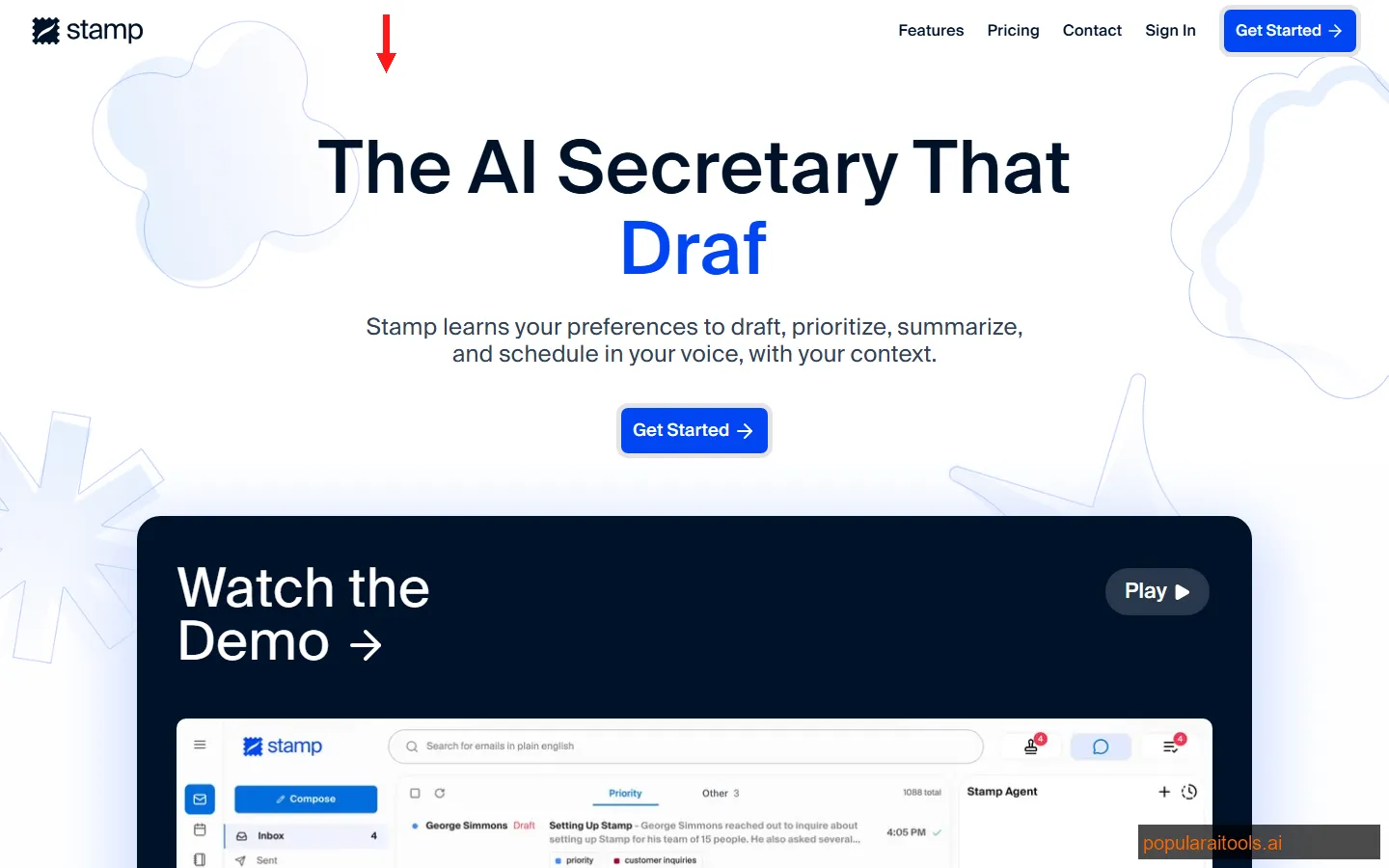 Stamp AI Secretary homepage showing AI email and calendar management platform