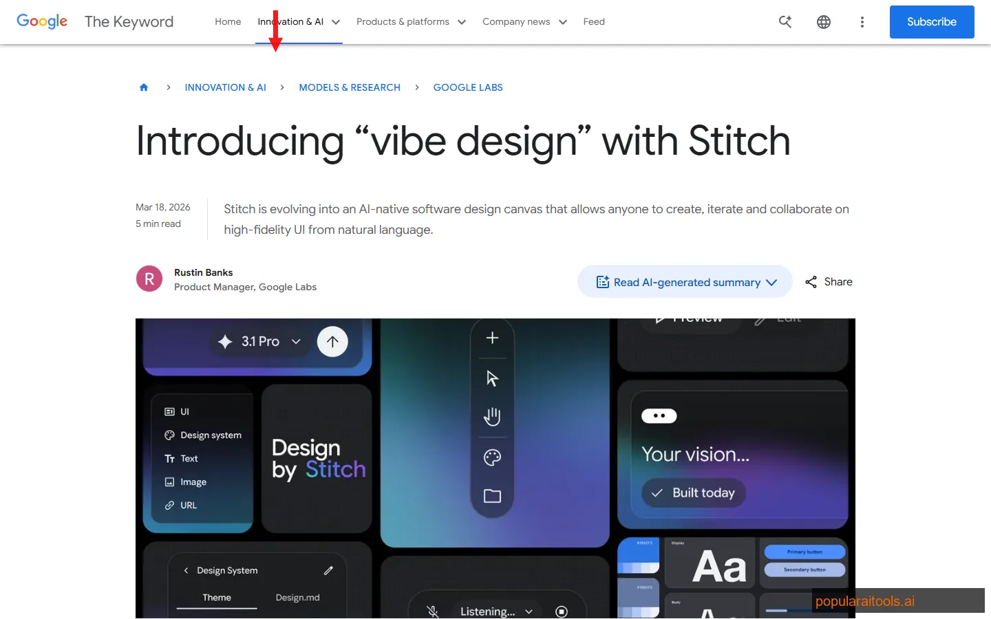 Google Stitch 2.0 announcement page showing the AI design platform launch details and capabilities