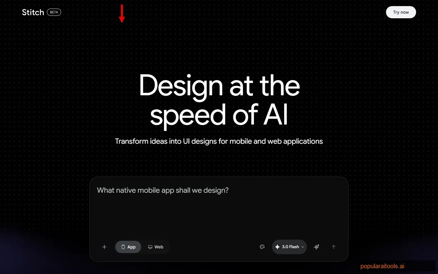 Google Stitch 2.0 homepage showing the AI-native UI design platform with natural language interface