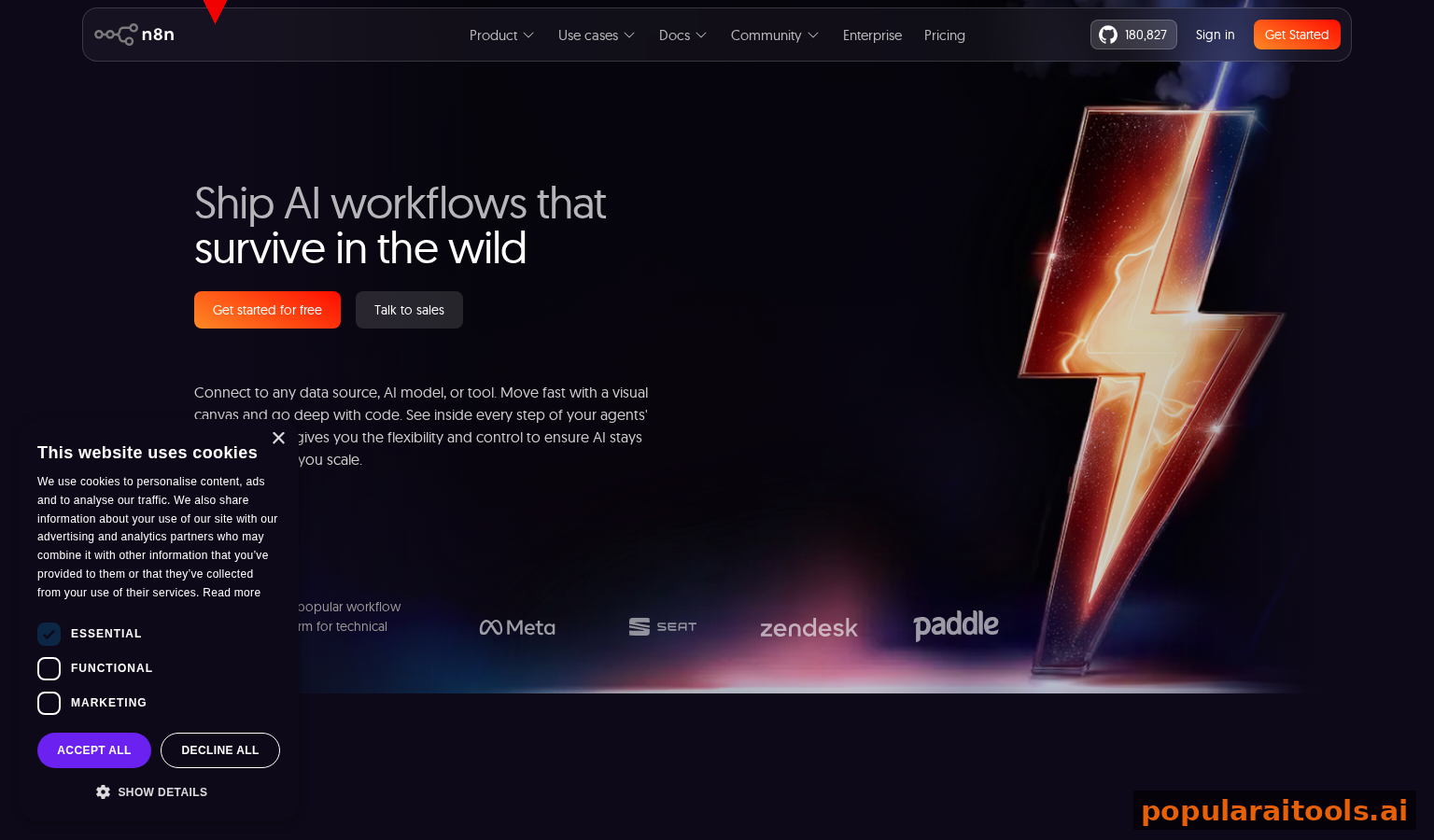n8n.io homepage with workflow automation platform overview