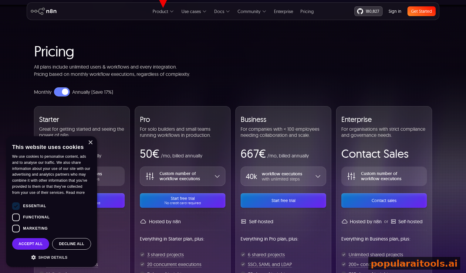 n8n pricing page with self-hosted and cloud options