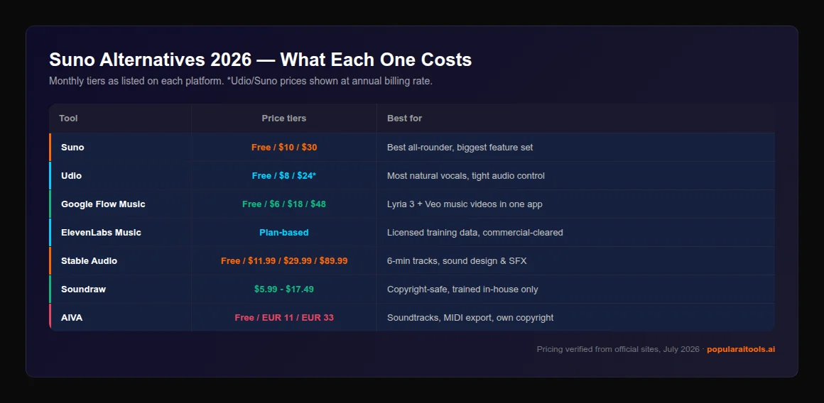 Comparison table of Suno alternatives 2026 pricing showing Suno, Udio, Google Flow Music, ElevenLabs Music, Stable Audio, Soundraw and AIVA with tiers and best use case