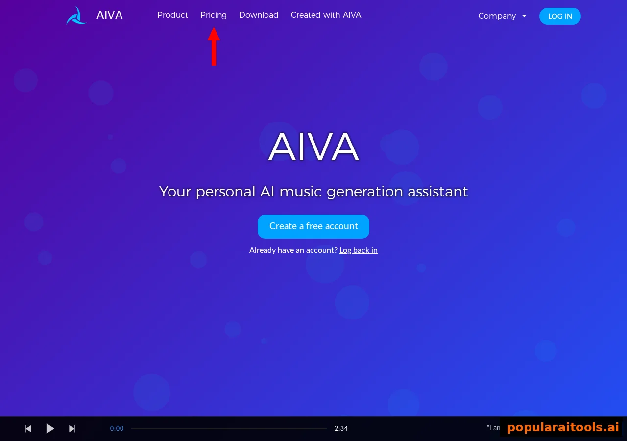 AIVA homepage describing itself as a personal AI music generation assistant with a free account signup