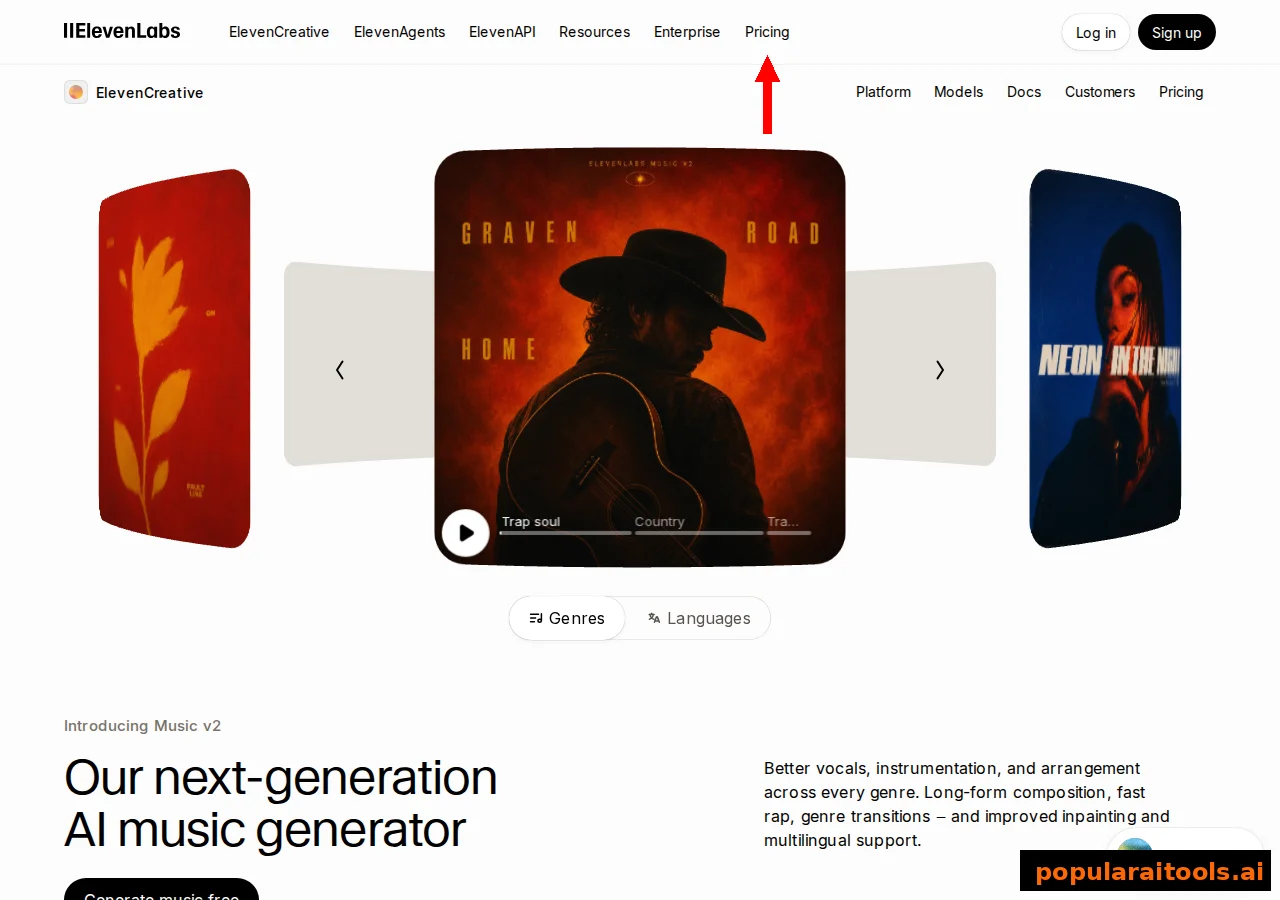 ElevenLabs Music v2 page showing generated album art examples and the next-generation AI music generator headline
