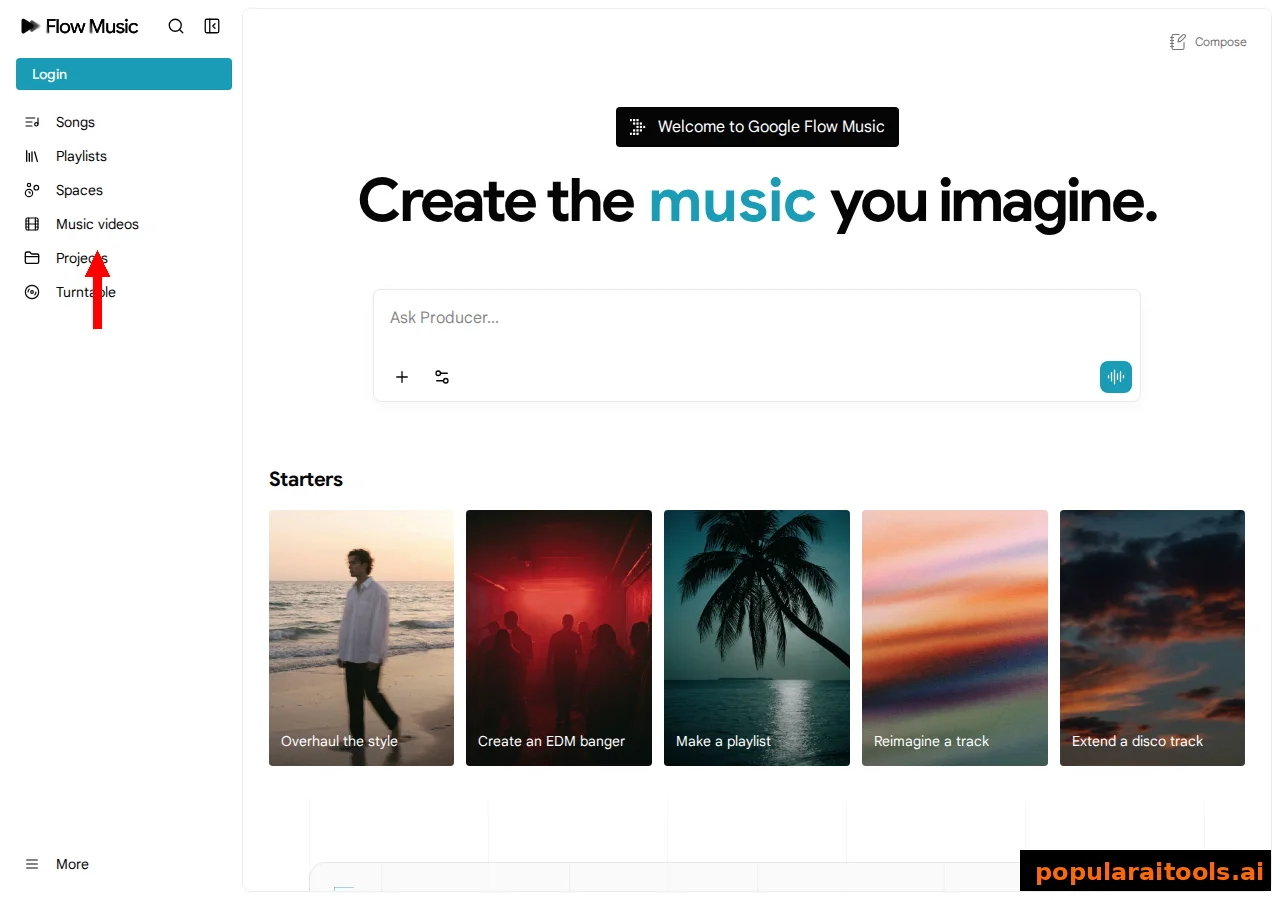 Google Flow Music app interface showing the Producer chat prompt, Songs, Playlists, Spaces and Music videos navigation