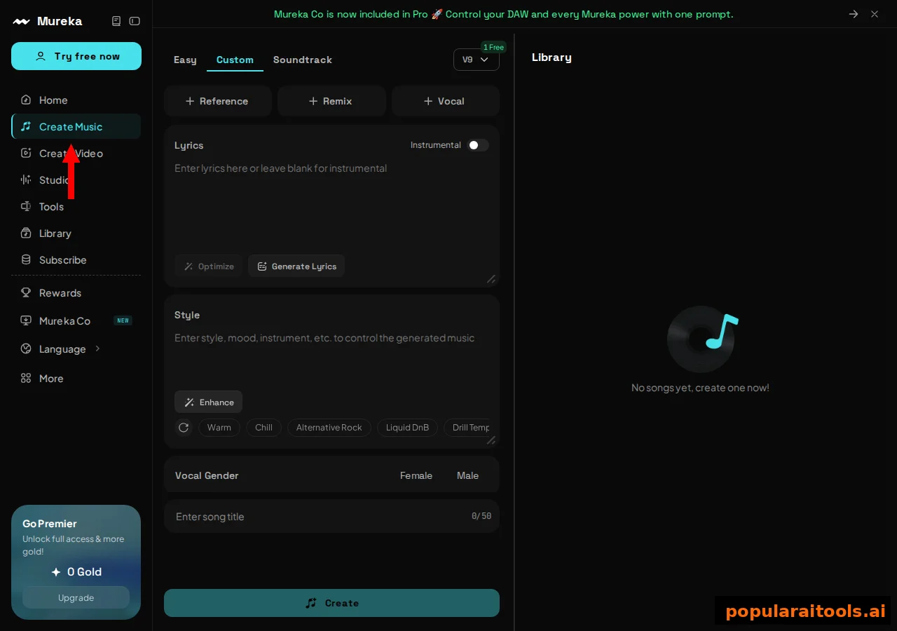 Mureka music creation interface showing lyrics input, style prompt, vocal gender selection, reference and remix options
