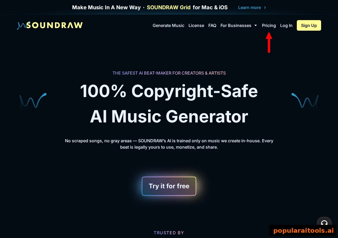 Soundraw homepage headline reading 100 percent copyright-safe AI music generator with no scraped songs, trained only on in-house music