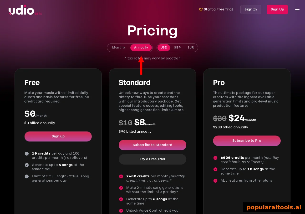 Udio pricing page showing Free, Standard at 8 dollars per month and Pro at 24 dollars per month with credit allowances