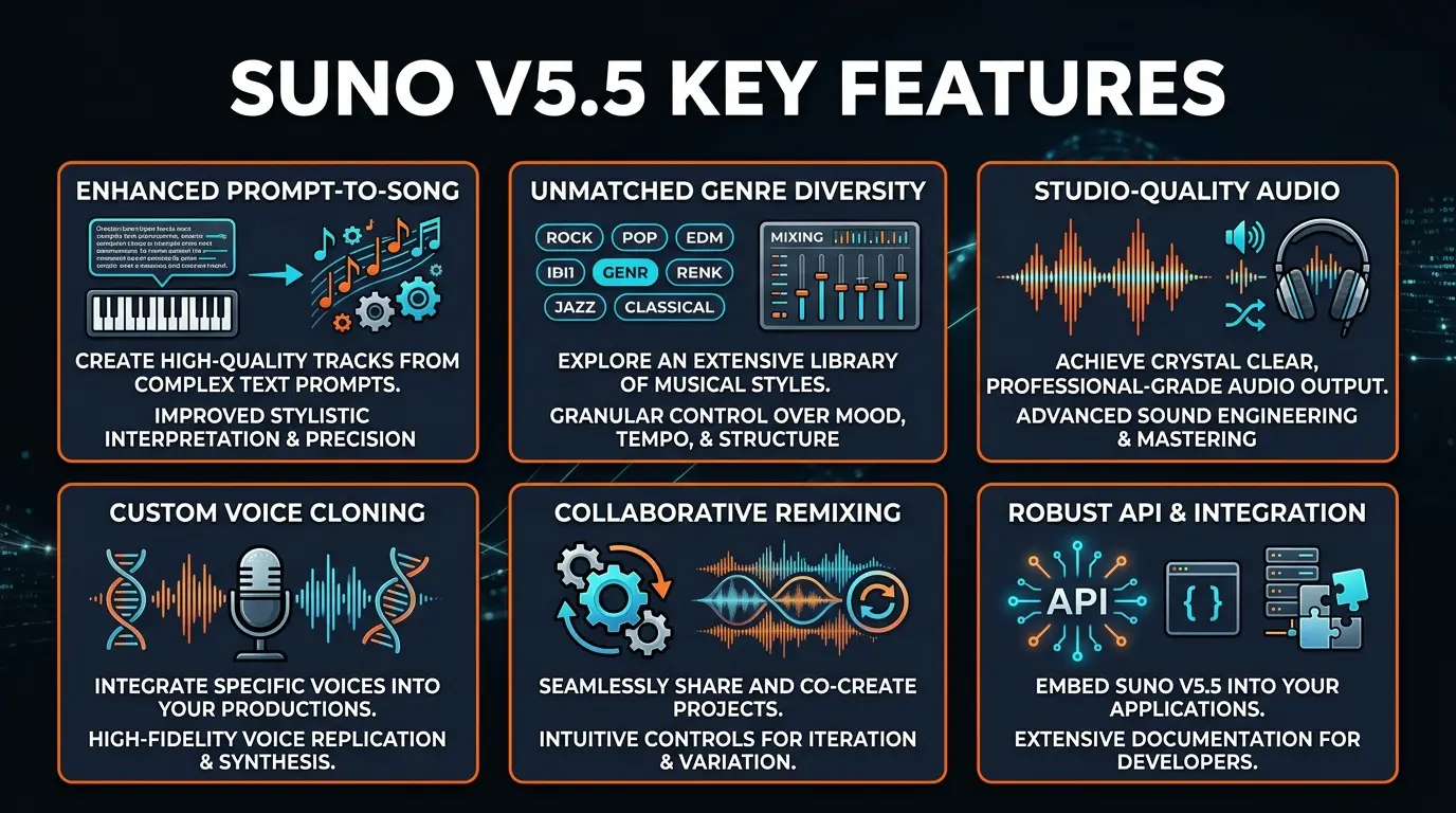 Suno v5.5 key features infographic showing Song Editor, stem separation, MIDI export, Persona voices, Beat Maker, Audio Uploads, and Suno Studio