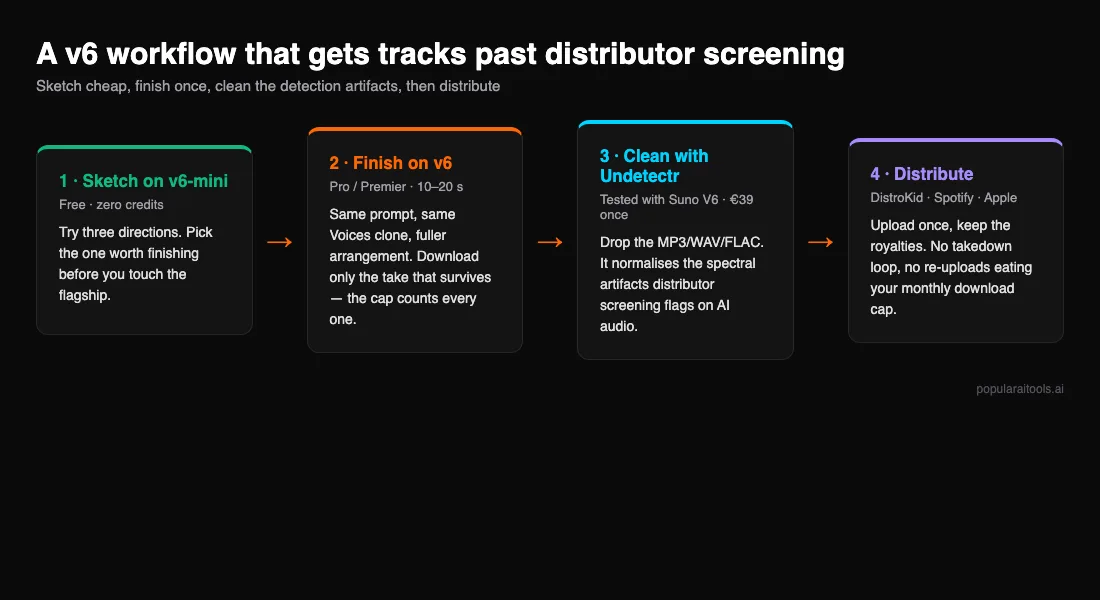 Four-step workflow: sketch on v6-mini, finish on v6, clean the file with Undetectr, then distribute to DistroKid, Spotify and Apple Music