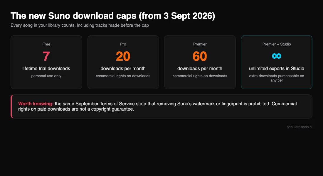 Suno download caps from 3 September 2026: Free 7 lifetime, Pro 20 per month, Premier 60 per month, unlimited exports in Suno Studio on Premier