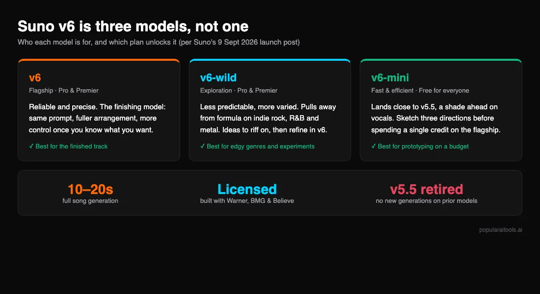 Infographic comparing Suno v6, v6-wild and v6-mini: plan access, what each is best for, 10 to 20 second generation, licensed training and v5.5 retirement