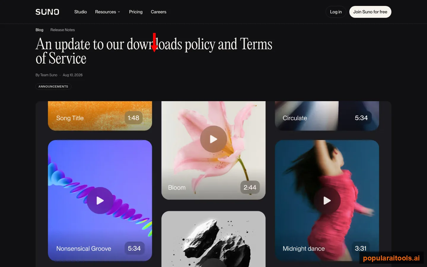 Suno's blog post announcing the new download limits and September 2026 Terms of Service