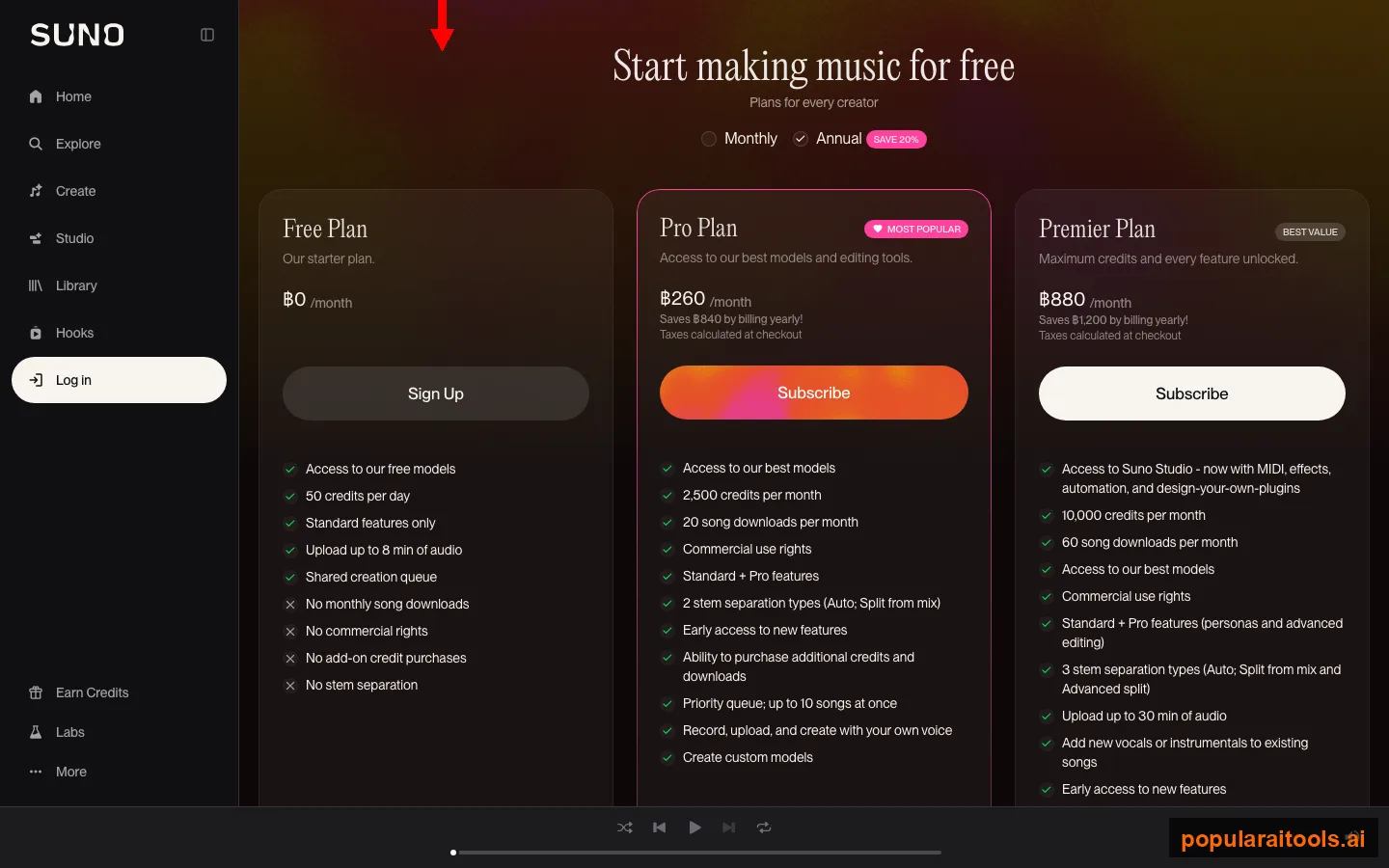 Suno pricing page showing the Free, Pro and Premier plans that determine v6 model access