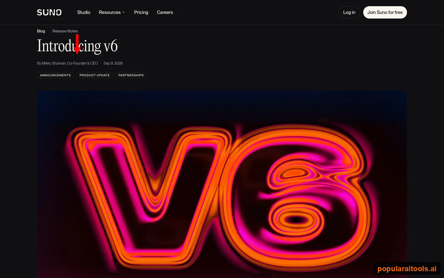 Suno's Introducing v6 announcement page describing the three new models built with Warner Music Group, BMG and Believe