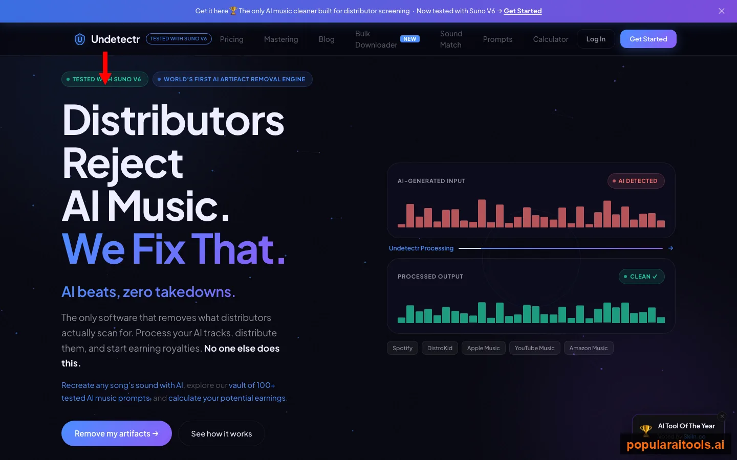 Undetectr homepage stating it is now tested with Suno V6 and is the AI music cleaner built for distributor screening