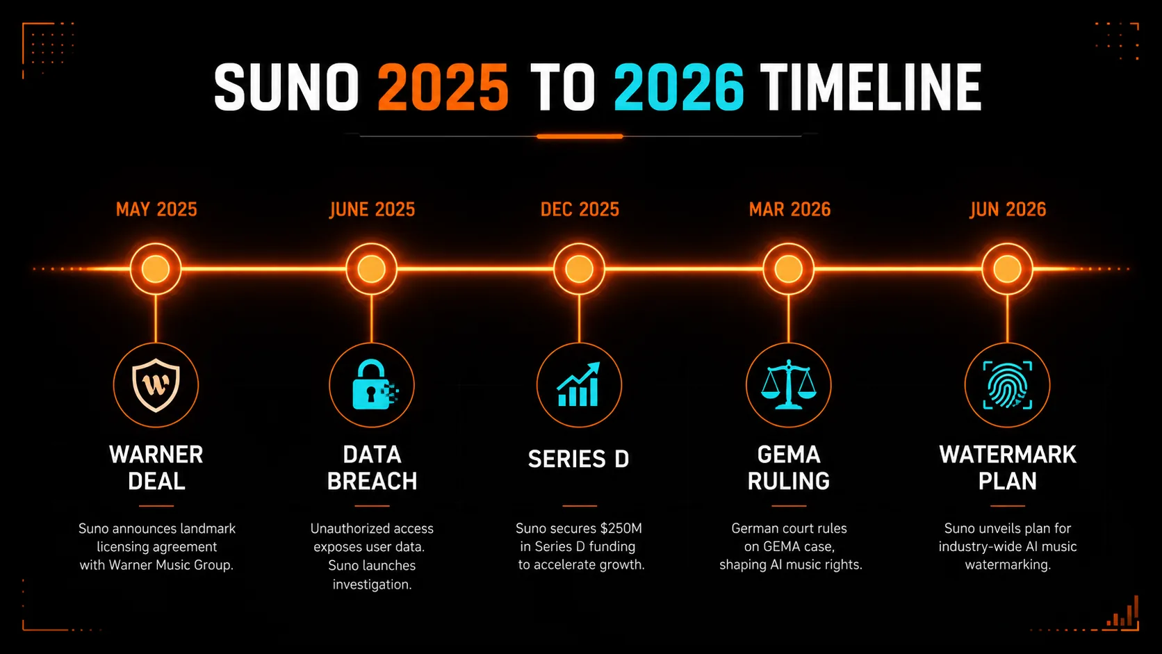 Timeline of Suno events from the Warner deal through the data breach, Series D, GEMA ruling and watermarking plan