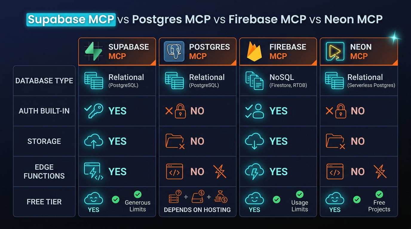 Supabase MCP vs Neon MCP vs Postgres MCP vs Firebase - feature comparison chart