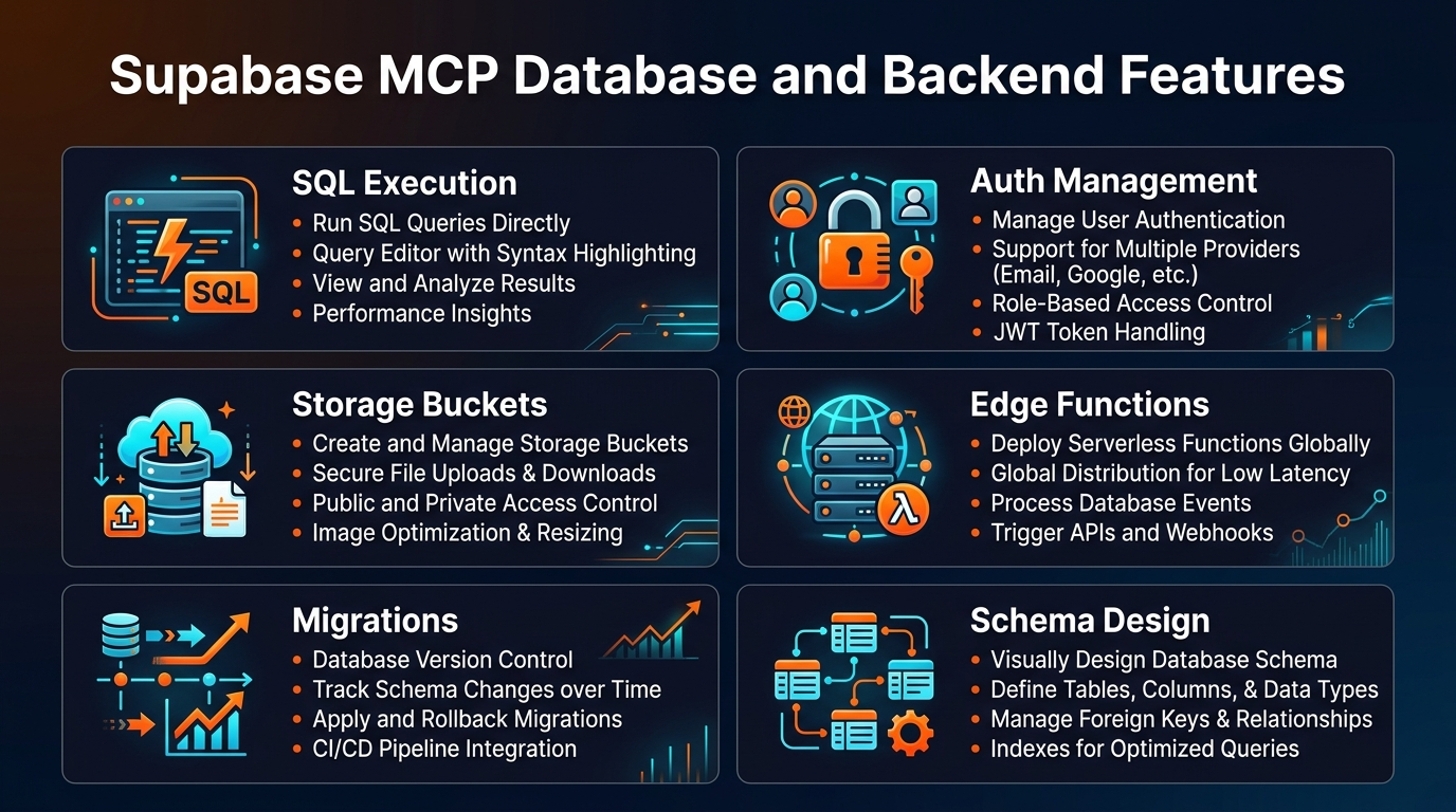 Supabase MCP Server features overview - 8 tool groups covering database, auth, storage, edge functions, branching, debugging, development, and account management
