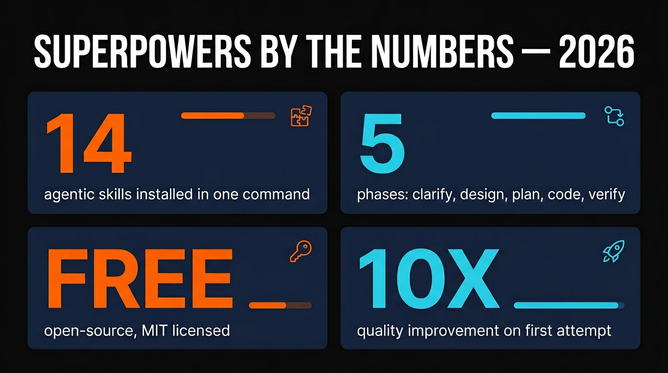 Superpowers by the numbers: 14 skills, 5 phases, free, 10x quality