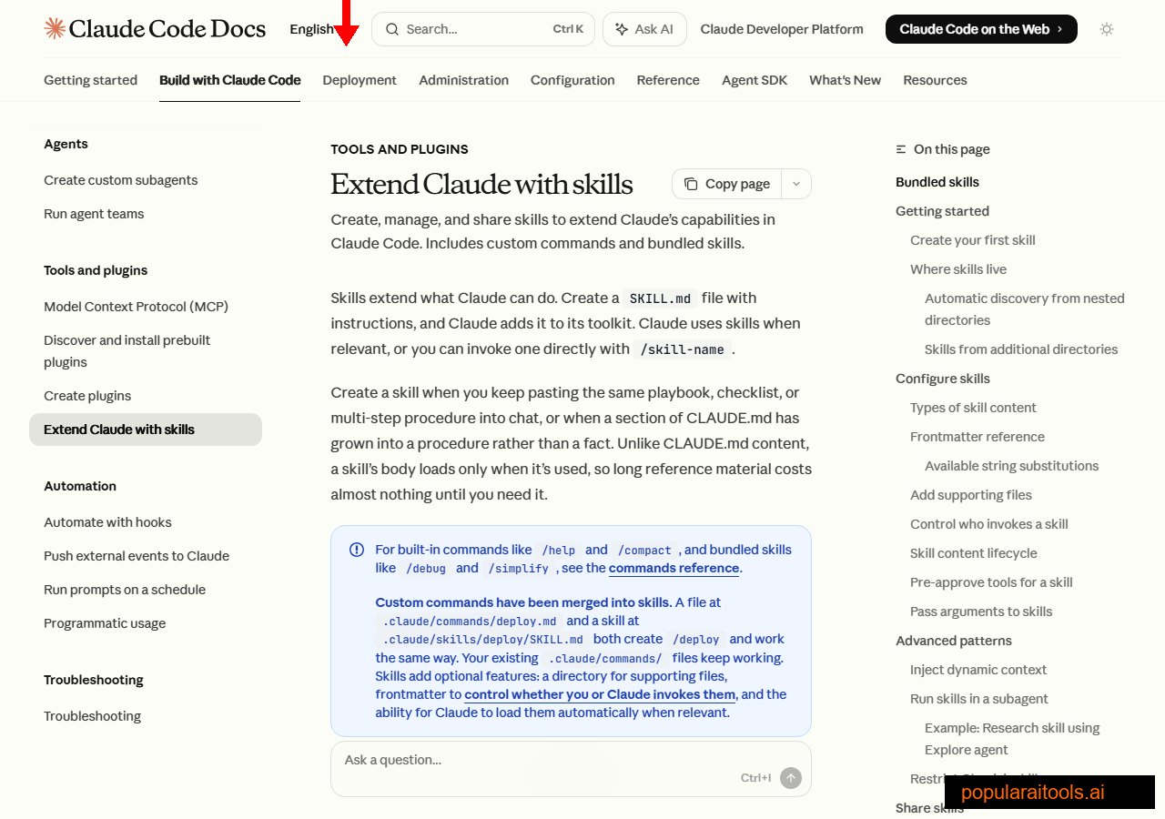 Claude Code skills documentation page