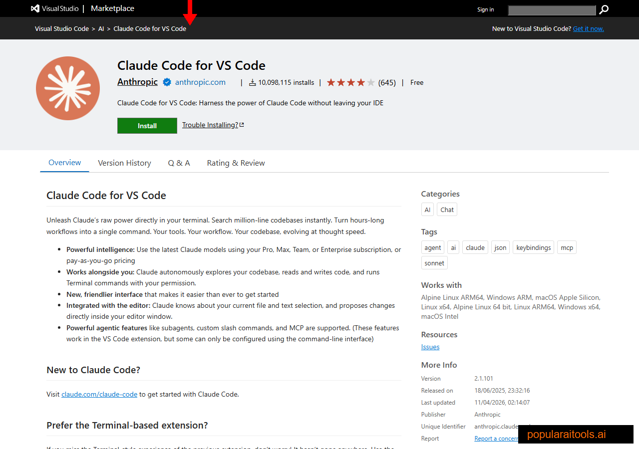 Claude Code VS Code extension marketplace page