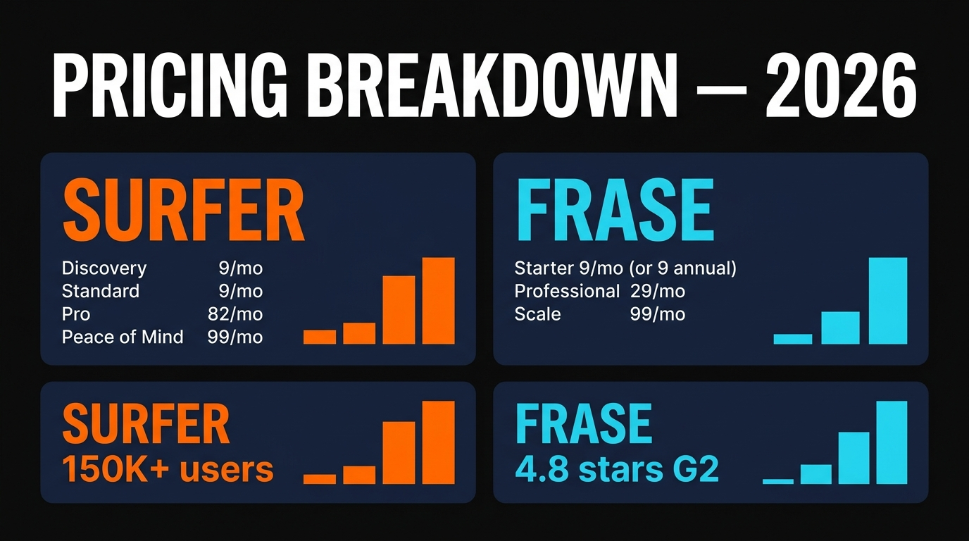 Pricing breakdown infographic comparing Surfer SEO and Frase plans in 2026